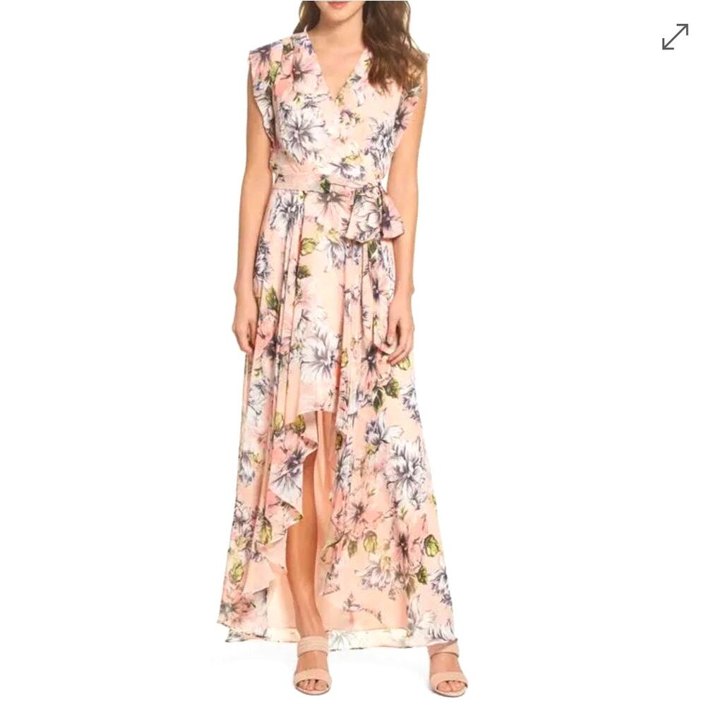 Eliza J Womens Floral Ruffle Chiffon High Low Maxi Dress Blush Pink Size 2